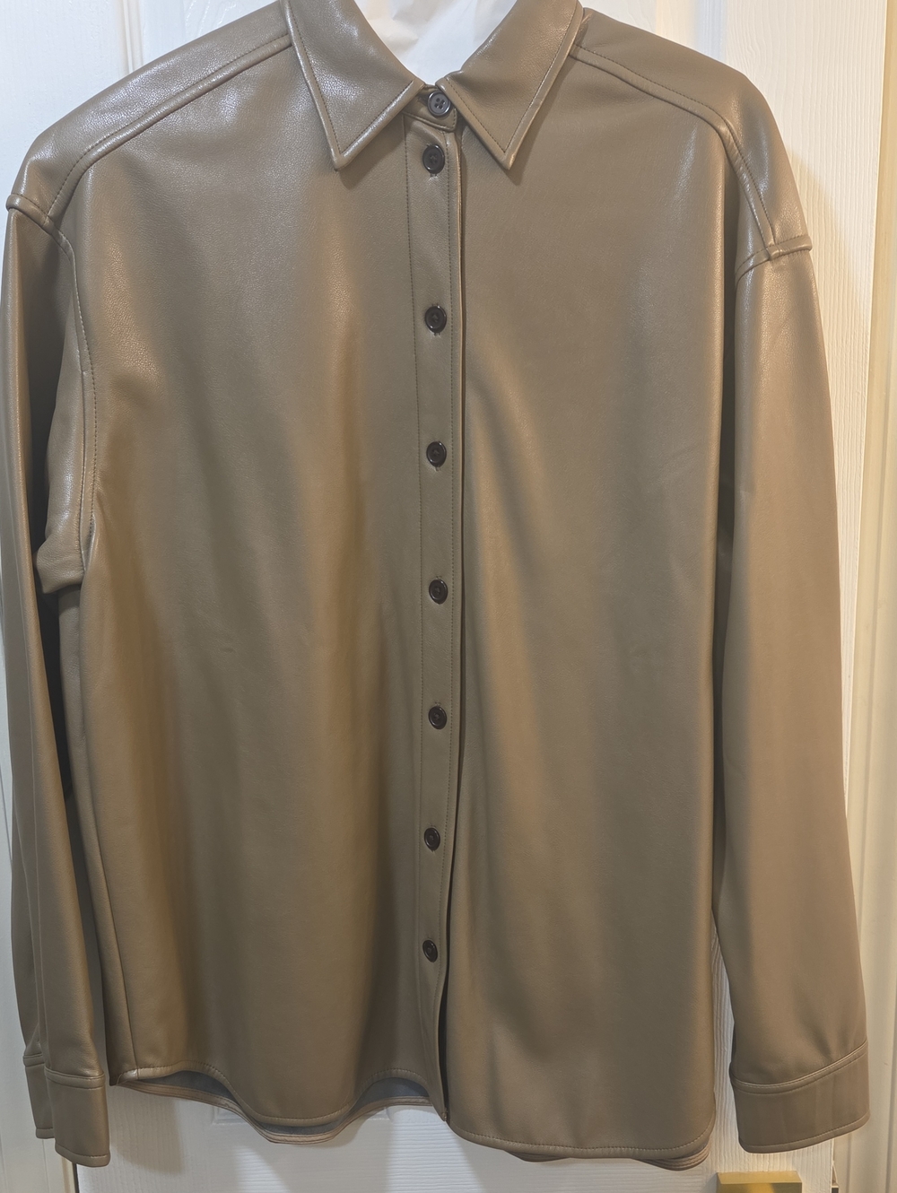 Noli Olive Green Faux Leather Button-Up Jacket
